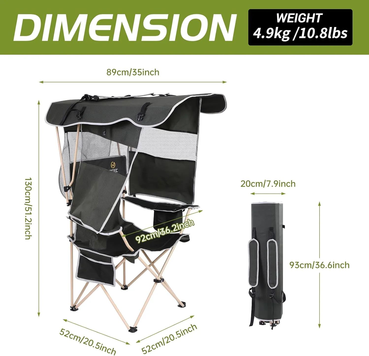 Nice C Camping Chair with Canopy, Chair with Shades, Sports Chairs, Folding Chair with Canopy, Detachable Shade Canopy, Side-Pocket and Cupholder (Two Green)