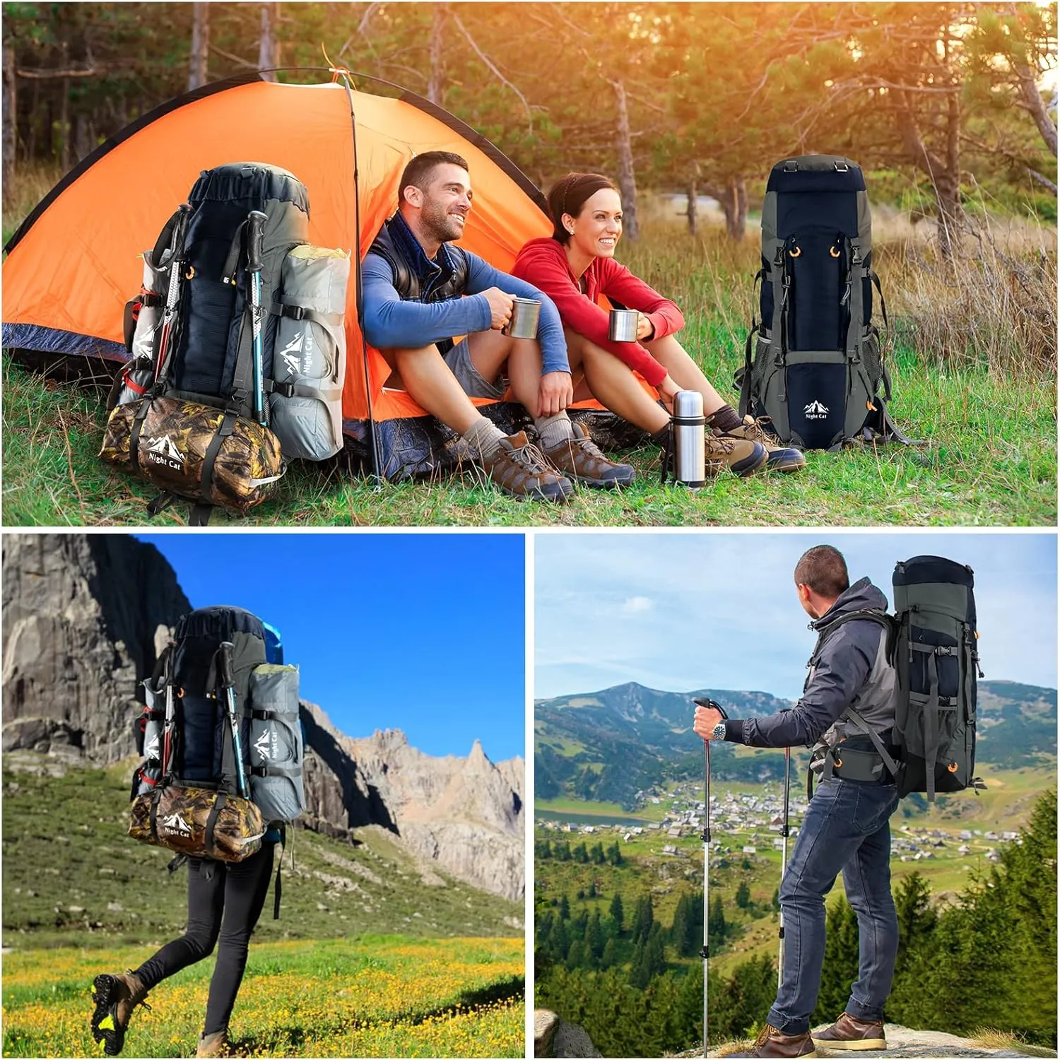 Night Cat Camping Backpacks 90L with Internal Frame Hiking Backpack for Men Women Waterproof Lightweight Breathable Outdoor Mountaineering Traveling