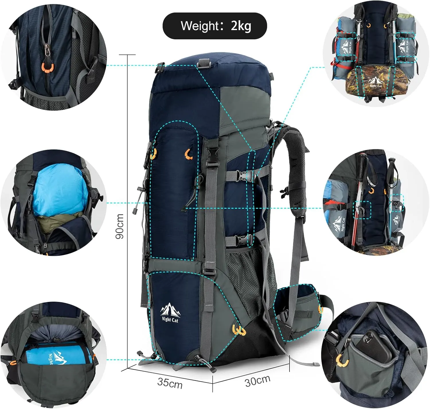 Night Cat Camping Backpacks 90L with Internal Frame Hiking Backpack for Men Women Waterproof Lightweight Breathable Outdoor Mountaineering Traveling