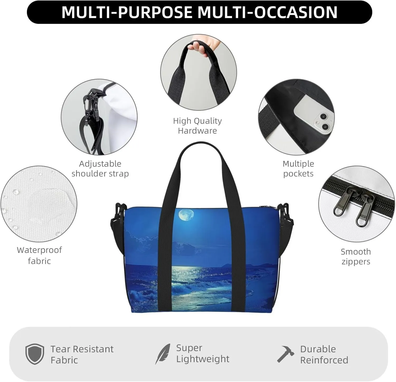night moon beach print Travel Duffel Bag, Sports Tote Gym Bag, Swim Pool Bag Large Shoulder Tote Bag for Beach Weekender