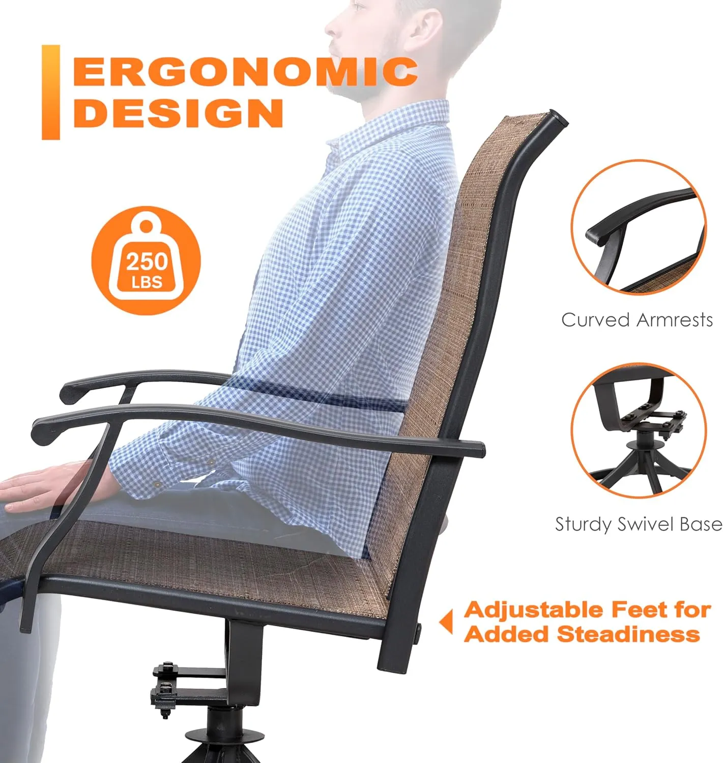 NUU GARDEN Patio Dining Chairs, Swivel Patio Sling Chairs Set of 2 All-Weather Textilene Outdoor Chairs with Iron Frame for Outdoor Lawn Garden Backyard, Brown