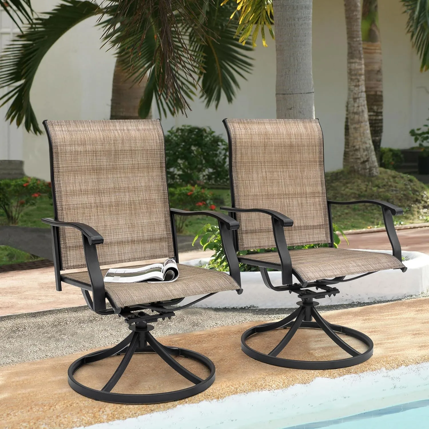 NUU GARDEN Patio Dining Chairs, Swivel Patio Sling Chairs Set of 2 All-Weather Textilene Outdoor Chairs with Iron Frame for Outdoor Lawn Garden Backyard, Brown