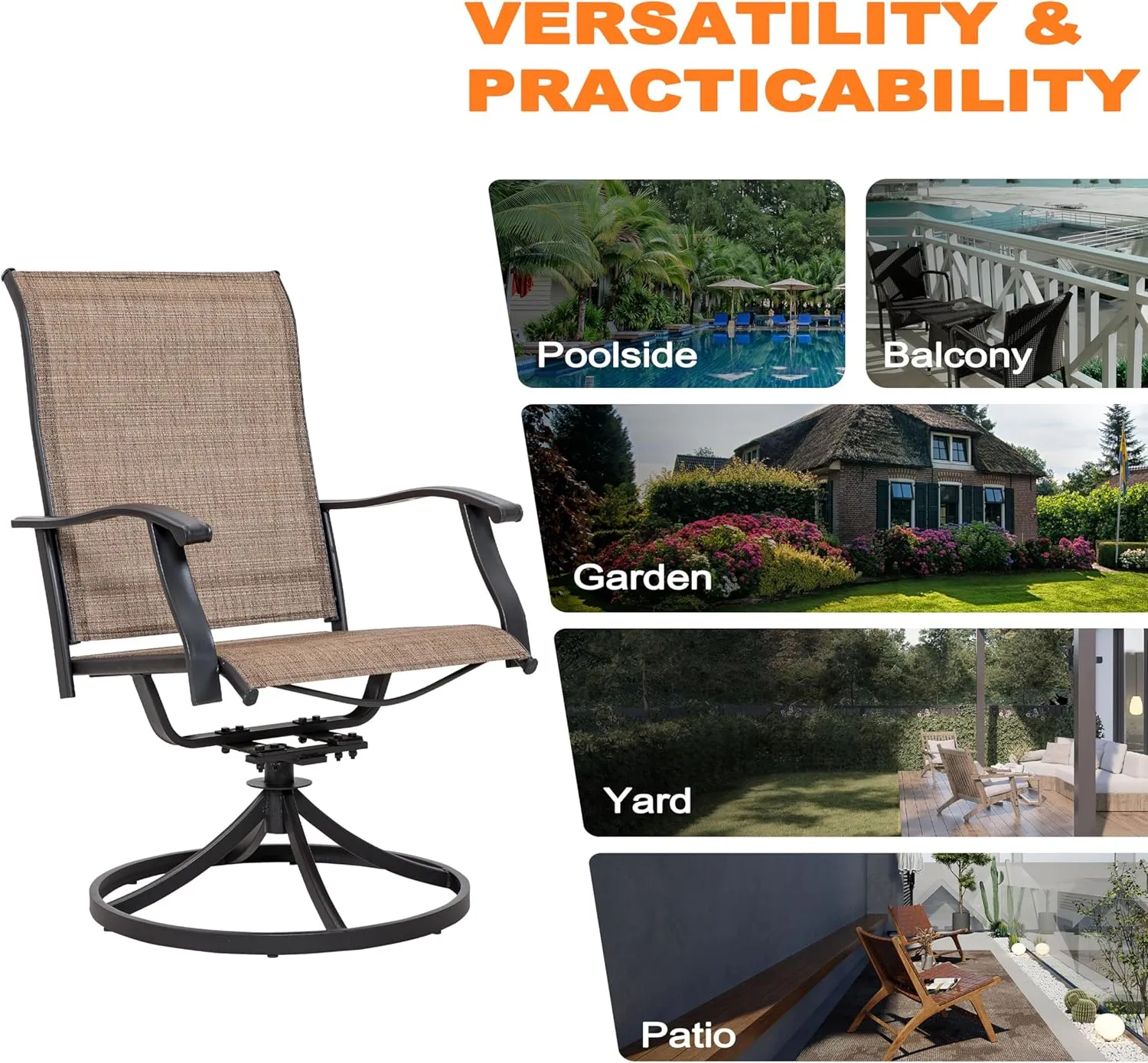 NUU GARDEN Patio Dining Chairs, Swivel Patio Sling Chairs Set of 2 All-Weather Textilene Outdoor Chairs with Iron Frame for Outdoor Lawn Garden Backyard, Brown