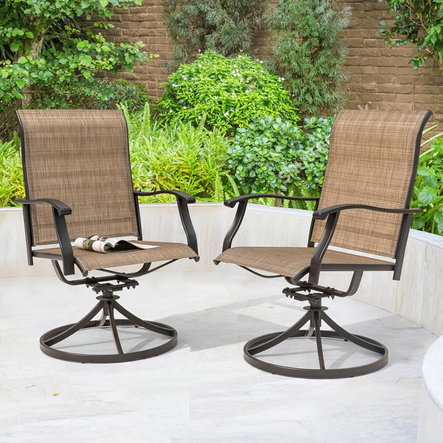 NUU GARDEN Patio Dining Chairs, Swivel Patio Sling Chairs Set of 2 All-Weather Textilene Outdoor Chairs with Iron Frame for Outdoor Lawn Garden Backyard, Brown