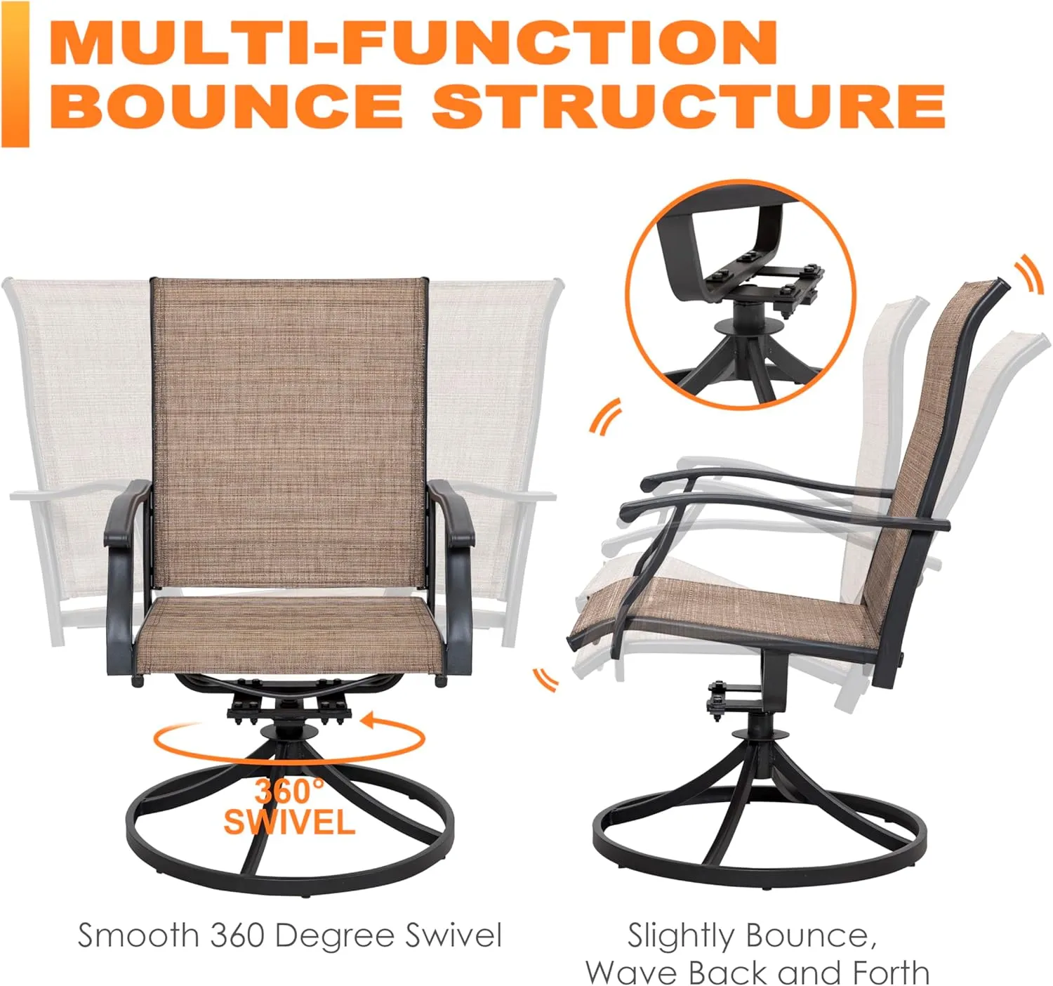 NUU GARDEN Patio Dining Chairs, Swivel Patio Sling Chairs Set of 2 All-Weather Textilene Outdoor Chairs with Iron Frame for Outdoor Lawn Garden Backyard, Brown