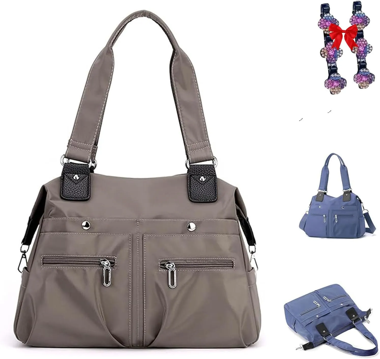 Nylon Waterproof Tote Bag,Womens Tote Handbags,Large Capacity Waterproof Multi Pocket Shoulder Bag with Zipper