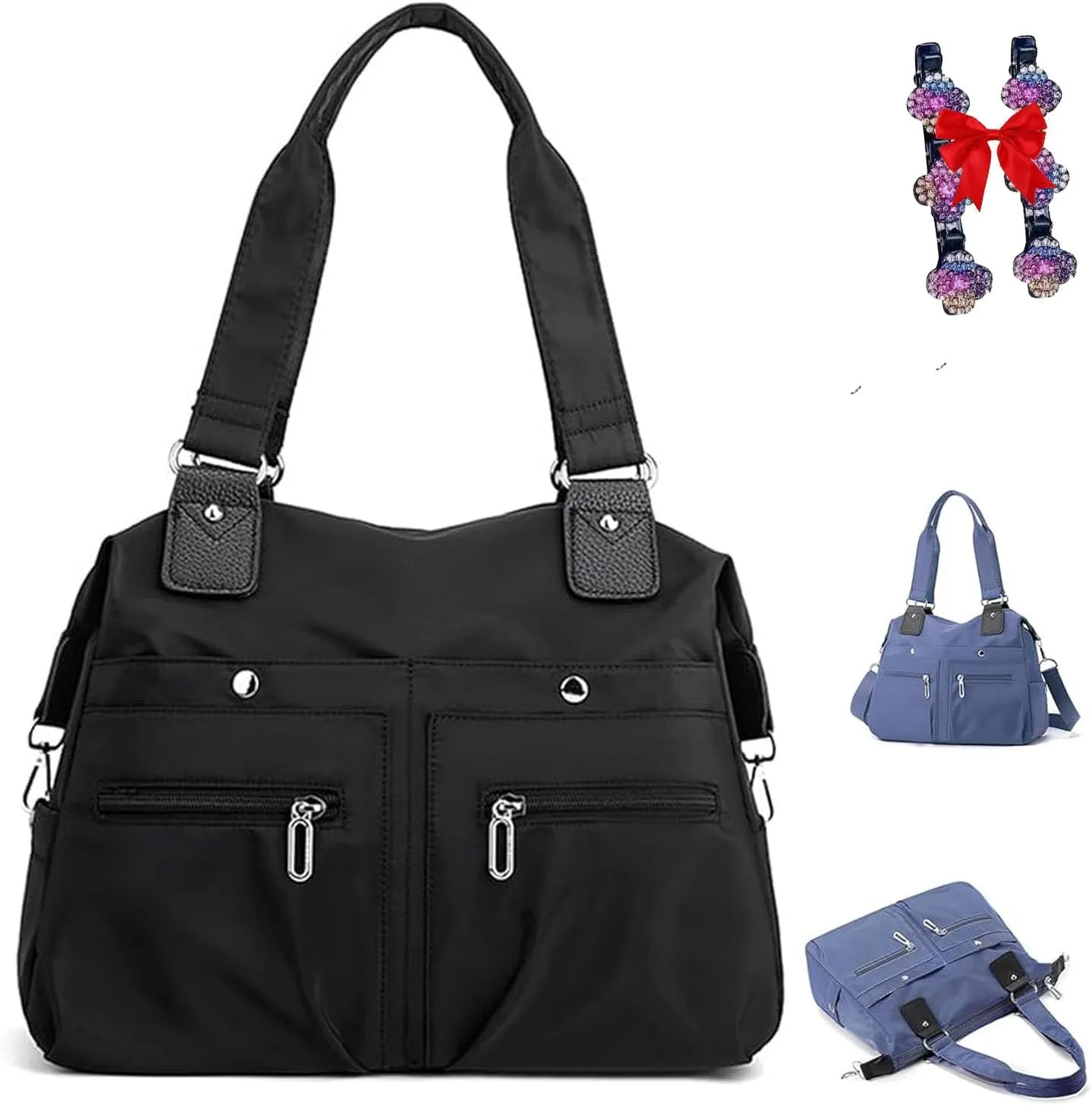 Nylon Waterproof Tote Bag,Womens Tote Handbags,Large Capacity Waterproof Multi Pocket Shoulder Bag with Zipper