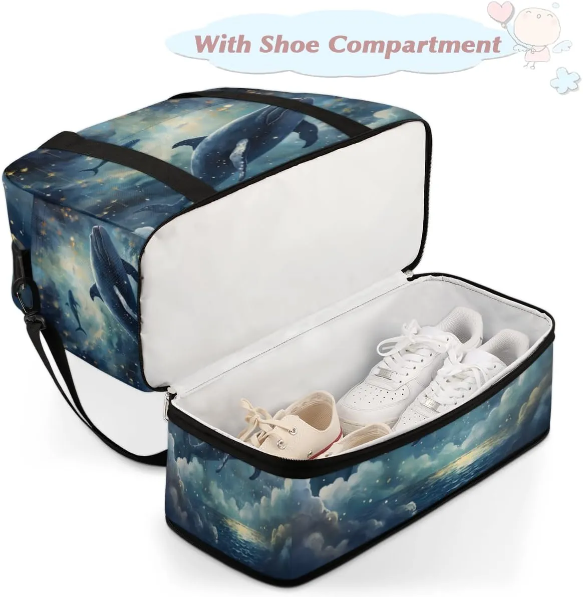 Ocean Dolphin Foldable Duffle Bag with Shoes Compartment Large Capacity Waterproof Travel Weekender Bag Overnight Bag for Sports Gym