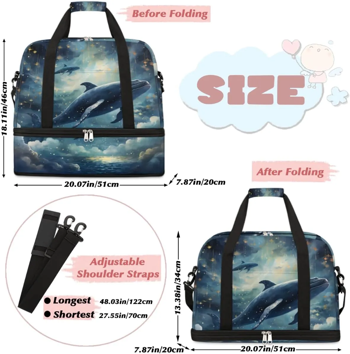 Ocean Dolphin Foldable Duffle Bag with Shoes Compartment Large Capacity Waterproof Travel Weekender Bag Overnight Bag for Sports Gym