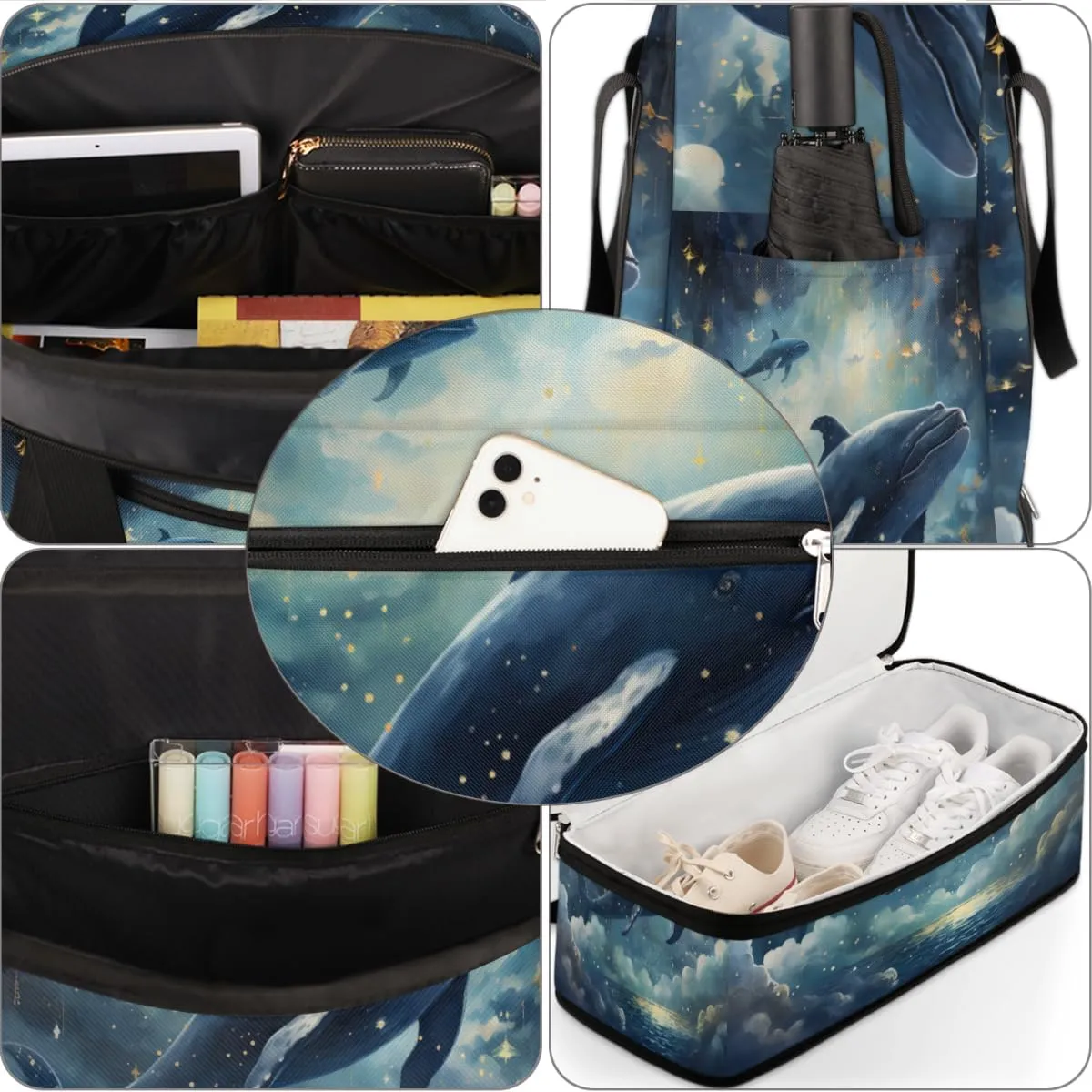 Ocean Dolphin Foldable Duffle Bag with Shoes Compartment Large Capacity Waterproof Travel Weekender Bag Overnight Bag for Sports Gym