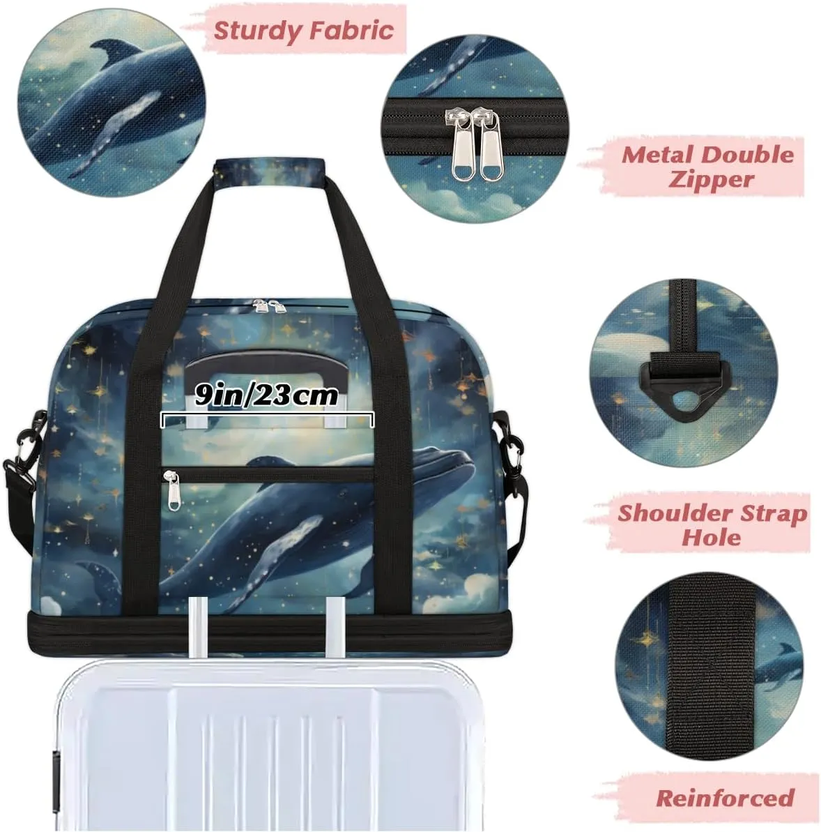 Ocean Dolphin Foldable Duffle Bag with Shoes Compartment Large Capacity Waterproof Travel Weekender Bag Overnight Bag for Sports Gym