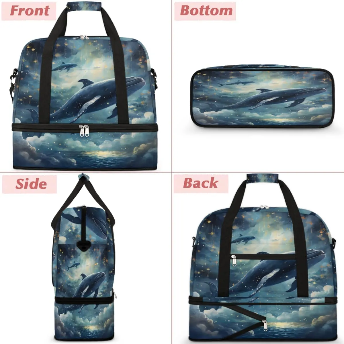Ocean Dolphin Foldable Duffle Bag with Shoes Compartment Large Capacity Waterproof Travel Weekender Bag Overnight Bag for Sports Gym