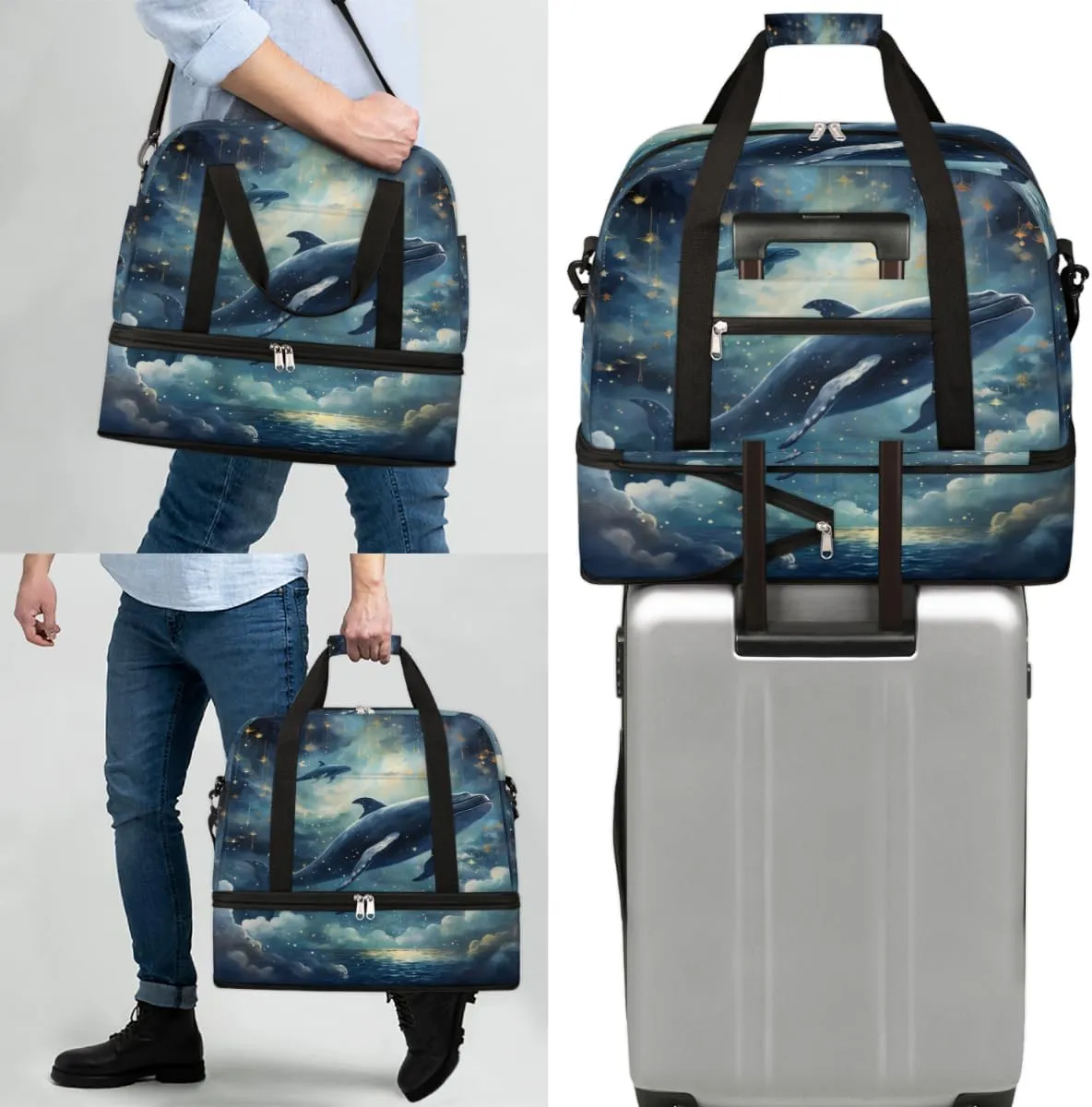 Ocean Dolphin Foldable Duffle Bag with Shoes Compartment Large Capacity Waterproof Travel Weekender Bag Overnight Bag for Sports Gym