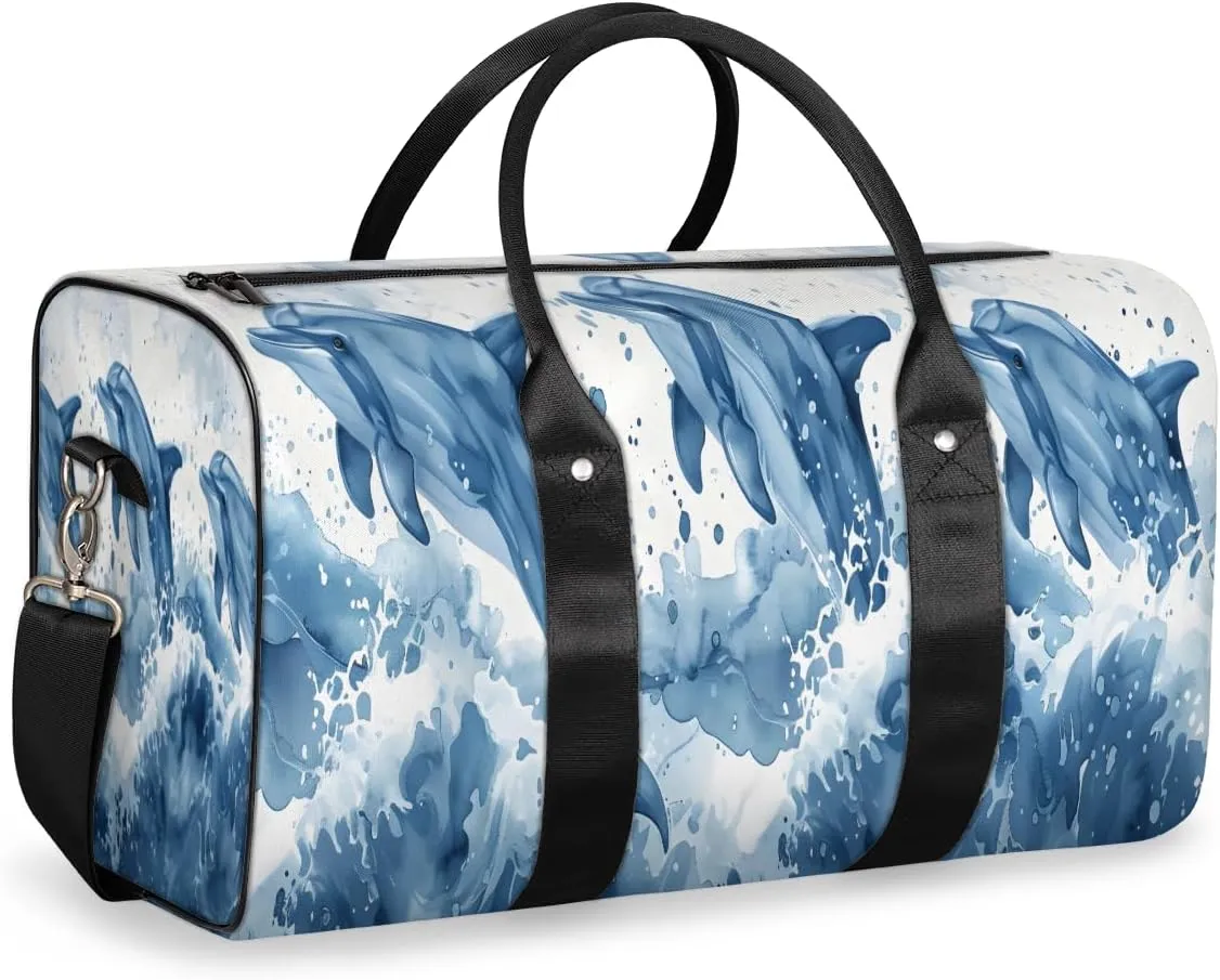 Ocean Dolphins Travel Duffle Bag for Women Men Gym Duffel Foldable Bag Waterproof Weekender Blue Sea Duffle Tote