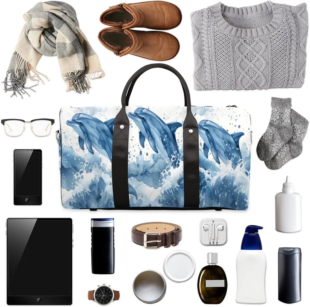 Ocean Dolphins Travel Duffle Bag for Women Men Gym Duffel Foldable Bag Waterproof Weekender Blue Sea Duffle Tote