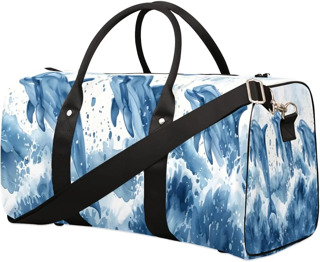 Ocean Dolphins Travel Duffle Bag for Women Men Gym Duffel Foldable Bag Waterproof Weekender Blue Sea Duffle Tote