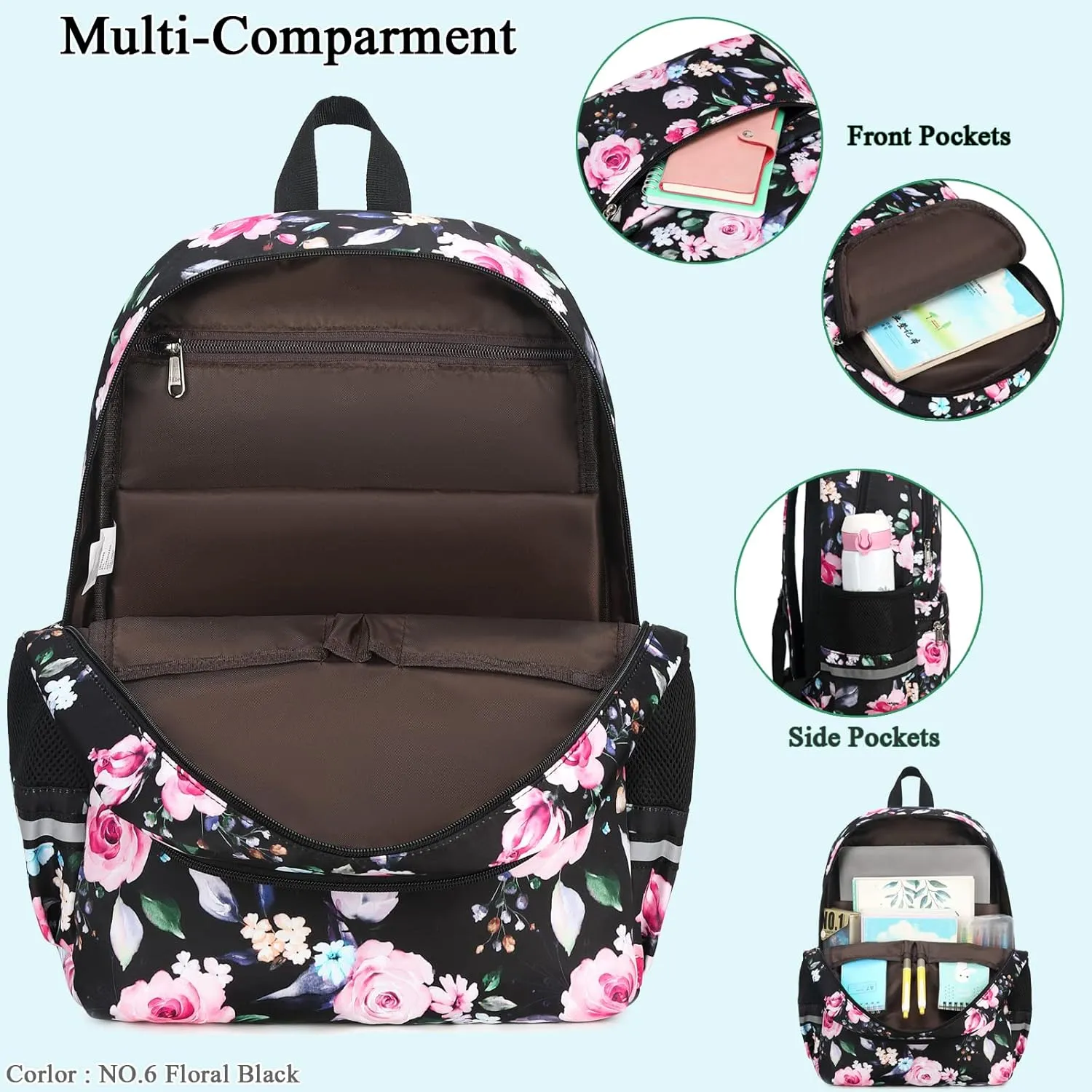 Octsky Backpack for Girls Kids Backpack Elementary Bookbags Teens Middle School Backpack with Lunch Box Water-repellent Lightweight Floral Black