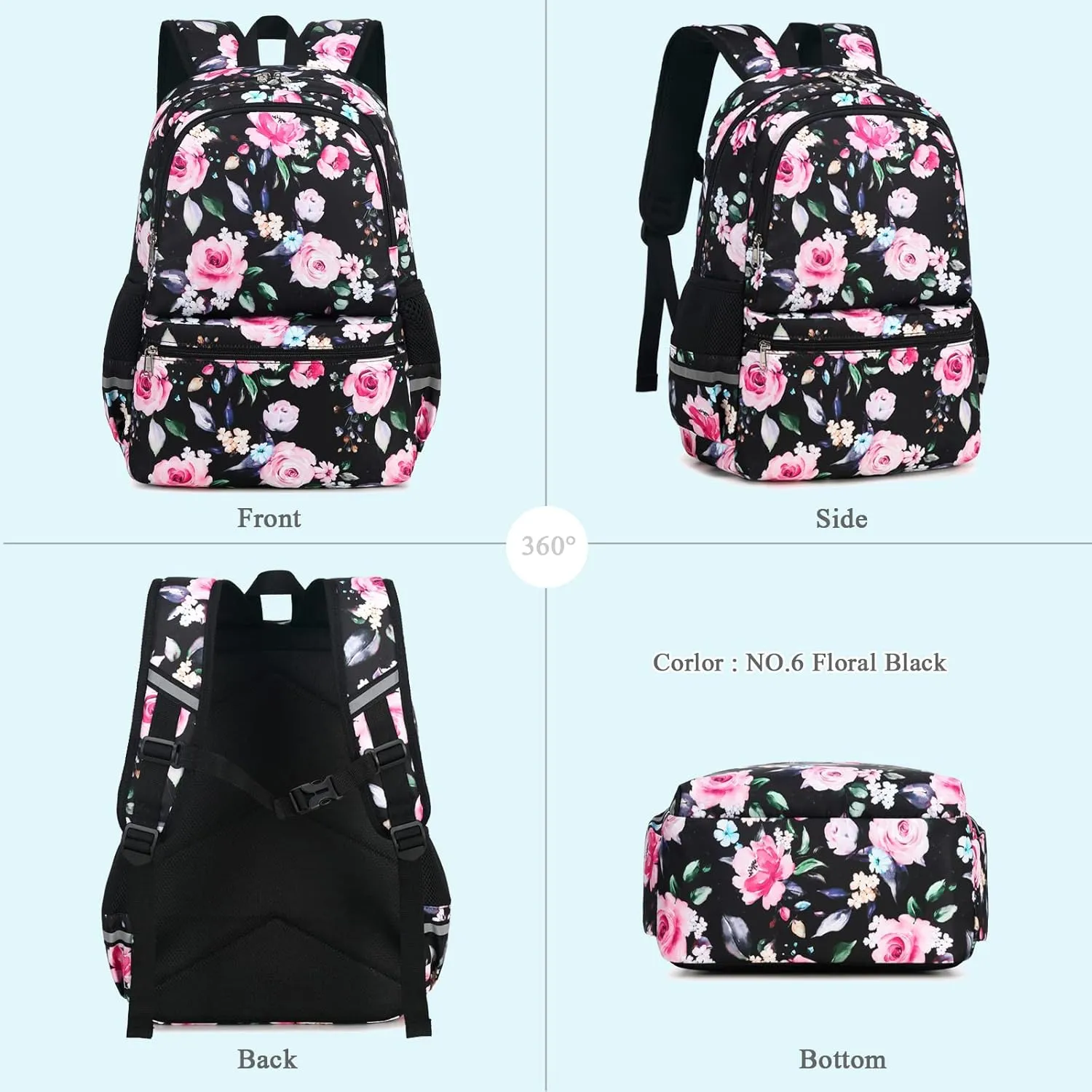 Octsky Backpack for Girls Kids Backpack Elementary Bookbags Teens Middle School Backpack with Lunch Box Water-repellent Lightweight Floral Black