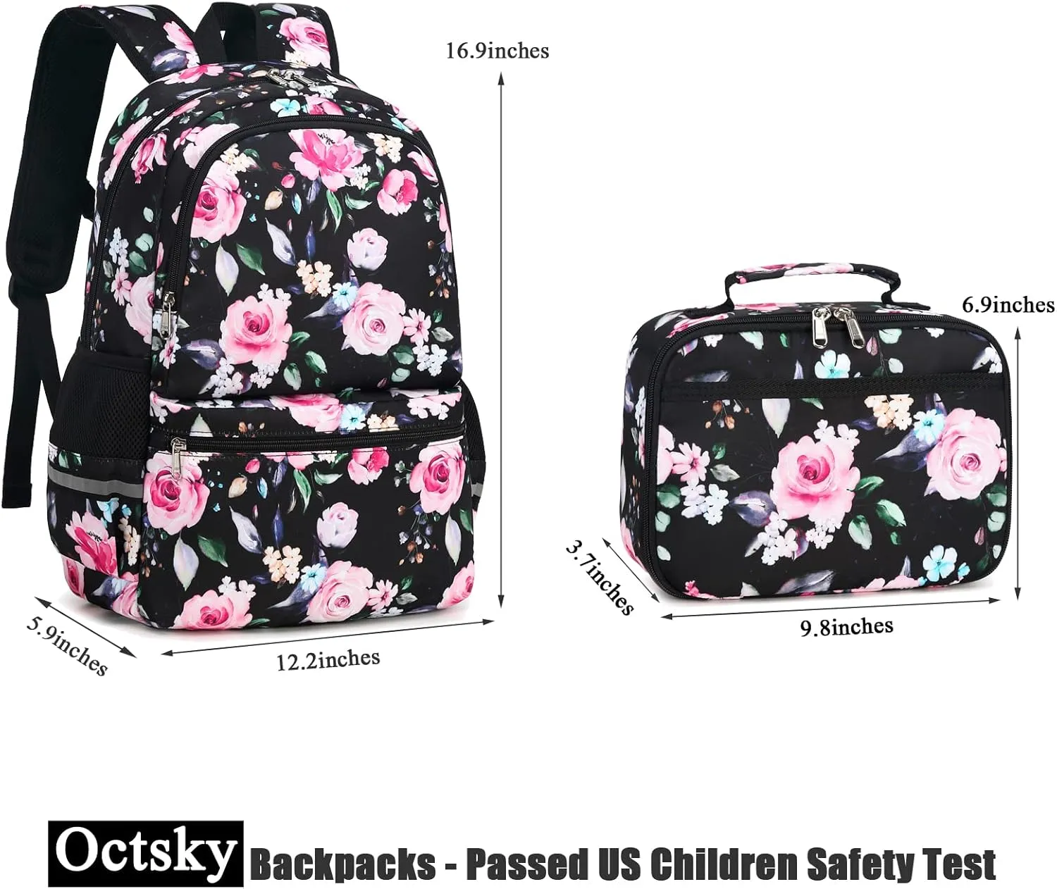 Octsky Backpack for Girls Kids Backpack Elementary Bookbags Teens Middle School Backpack with Lunch Box Water-repellent Lightweight Floral Black