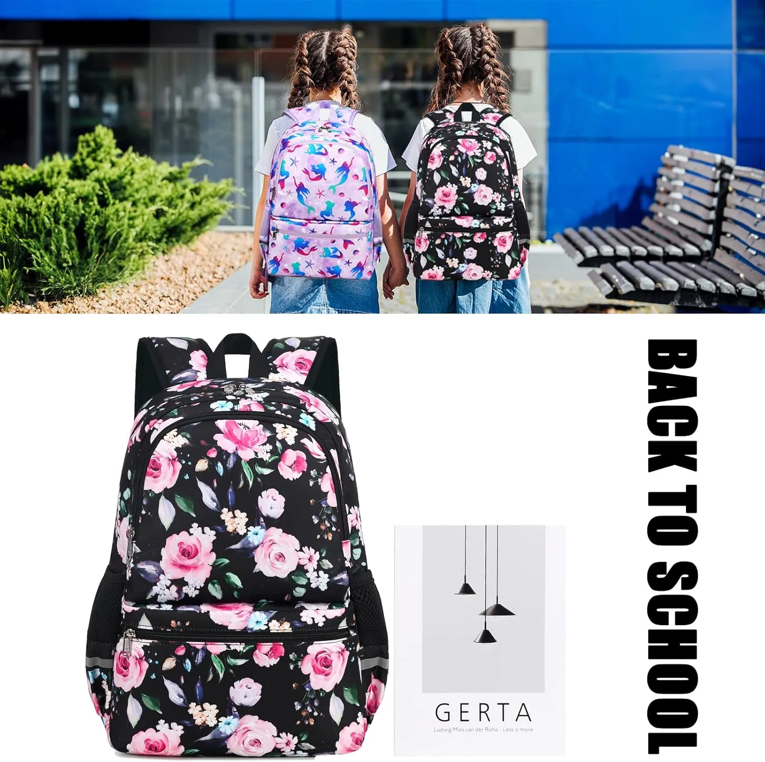 Octsky Backpack for Girls Kids Backpack Elementary Bookbags Teens Middle School Backpack with Lunch Box Water-repellent Lightweight Floral Black
