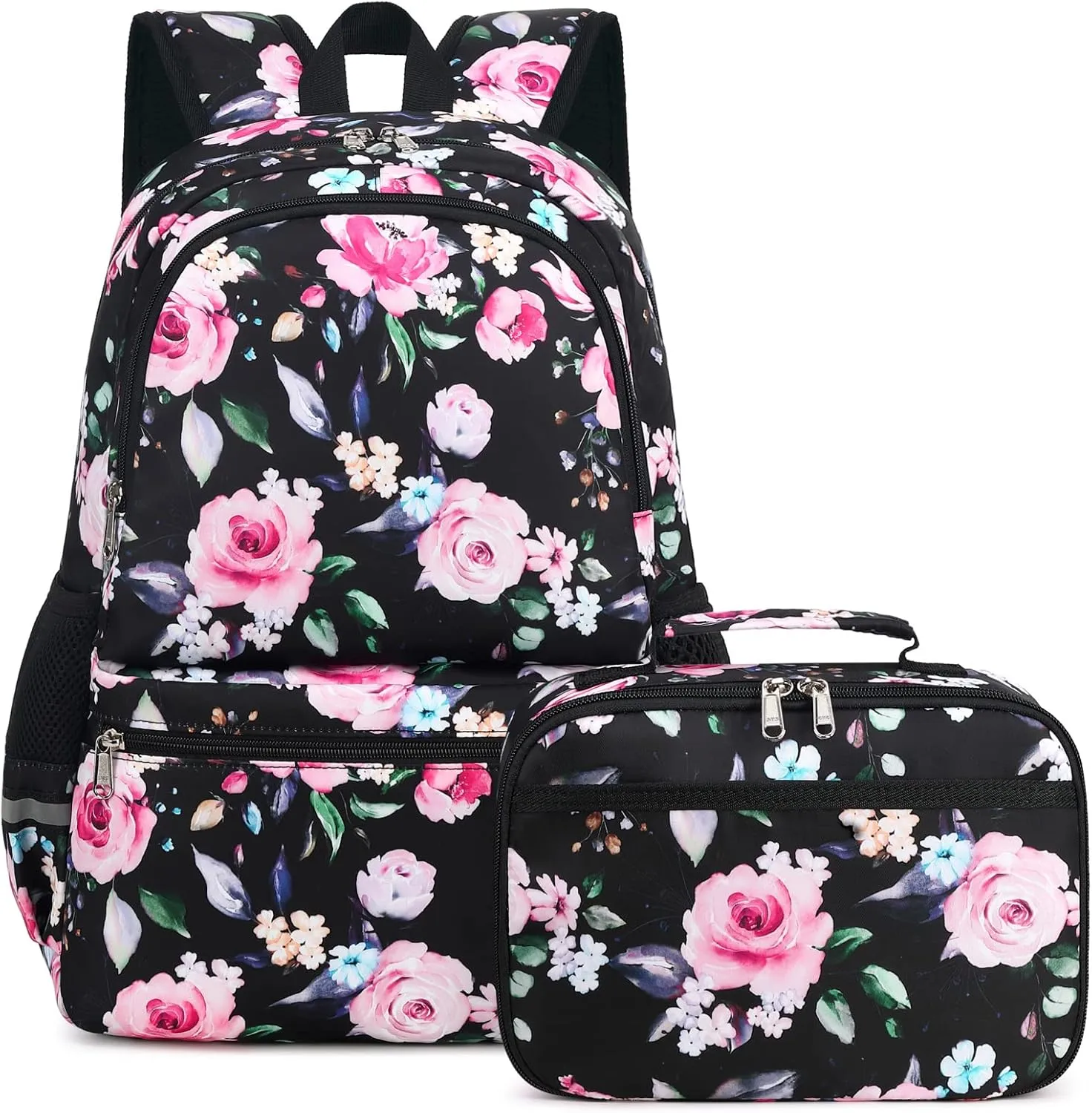 Octsky Backpack for Girls Kids Backpack Elementary Bookbags Teens Middle School Backpack with Lunch Box Water-repellent Lightweight Floral Black
