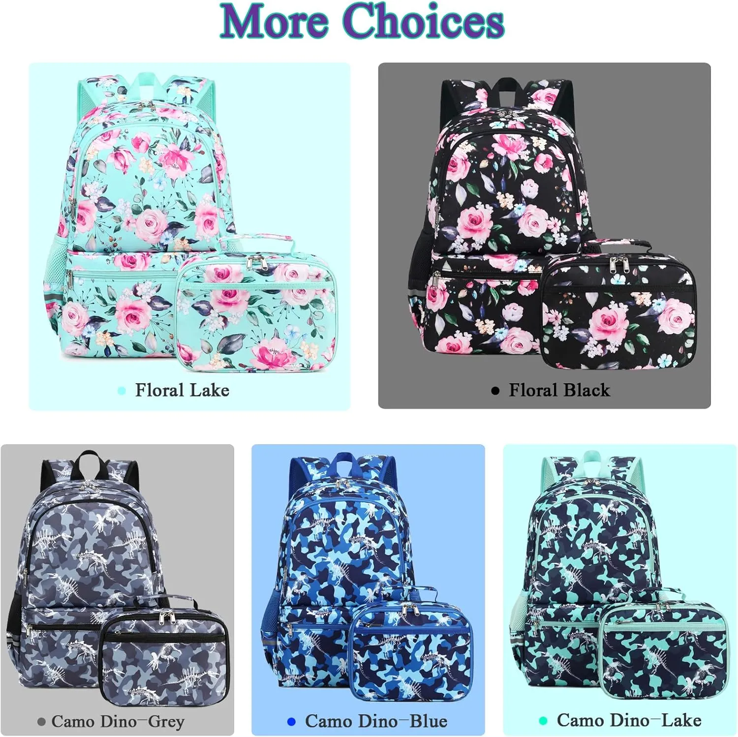 Octsky Backpack for Girls Kids Backpack Elementary Bookbags Teens Middle School Backpack with Lunch Box Water-repellent Lightweight Floral Black