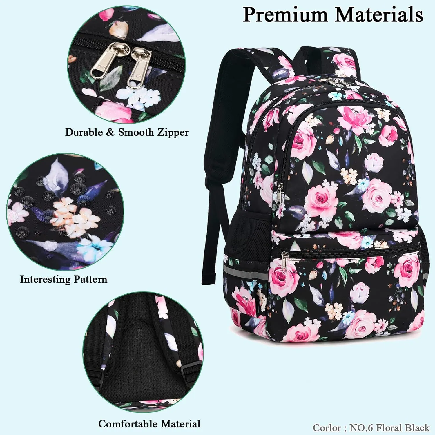 Octsky Backpack for Girls Kids Backpack Elementary Bookbags Teens Middle School Backpack with Lunch Box Water-repellent Lightweight Floral Black