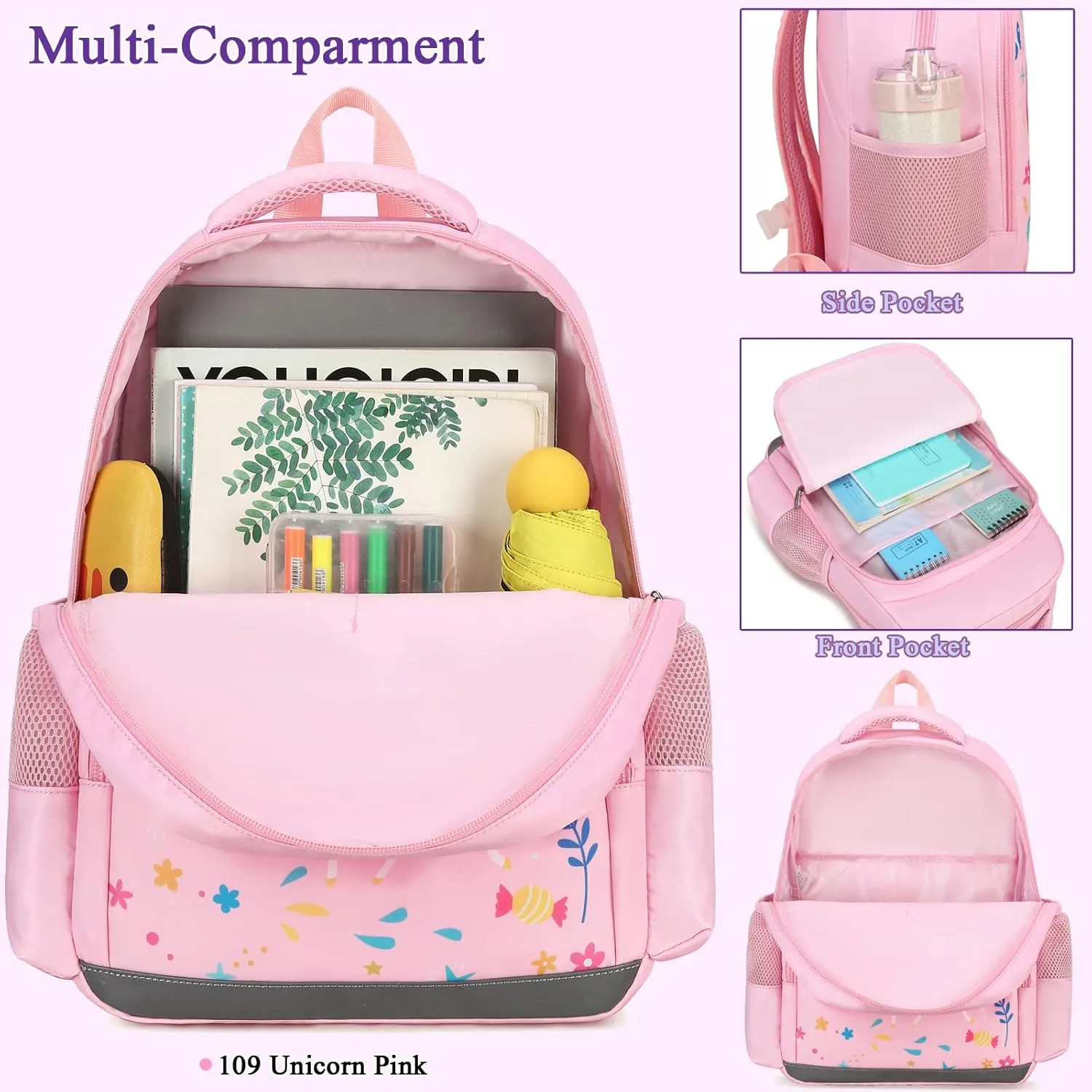 Octsky Backpack for Girls Kids School Backpacks with Lunch Box Preschool Kindergarten BookBag Set With Chest Strap (Candy Unicorn Pink)