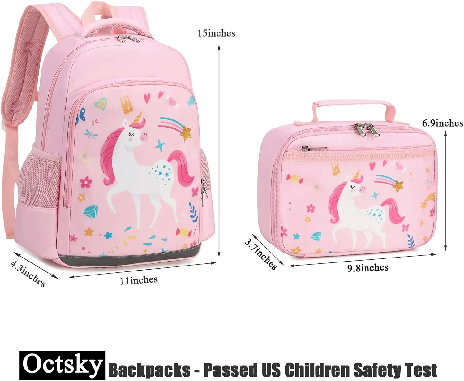 Octsky Backpack for Girls Kids School Backpacks with Lunch Box Preschool Kindergarten BookBag Set With Chest Strap (Candy Unicorn Pink)