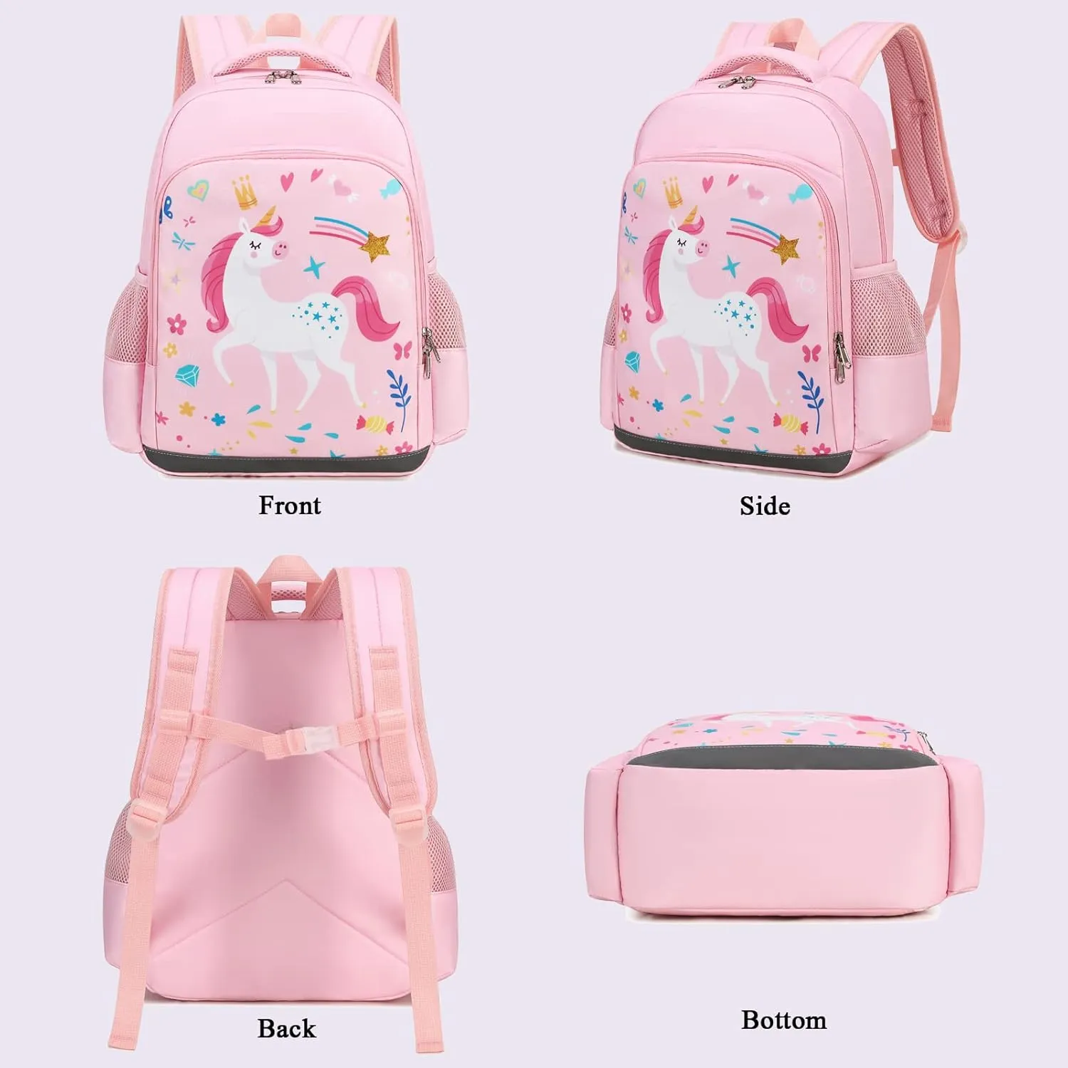 Octsky Backpack for Girls Kids School Backpacks with Lunch Box Preschool Kindergarten BookBag Set With Chest Strap (Candy Unicorn Pink)