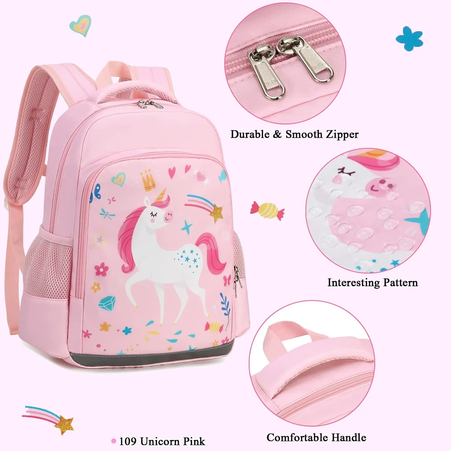 Octsky Backpack for Girls Kids School Backpacks with Lunch Box Preschool Kindergarten BookBag Set With Chest Strap (Candy Unicorn Pink)