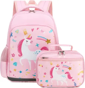 Octsky Backpack for Girls Kids School Backpacks with Lunch Box Preschool Kindergarten BookBag Set With Chest Strap (Candy Unicorn Pink)