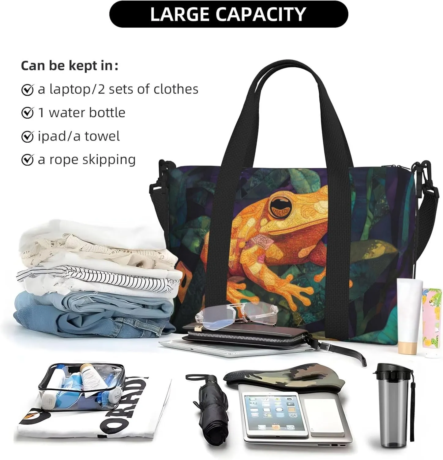 orange toad green leaves print Travel Duffel Bag, Sports Tote Gym Bag, Swim Pool Bag Large Shoulder Tote Bag for Beach Weekender