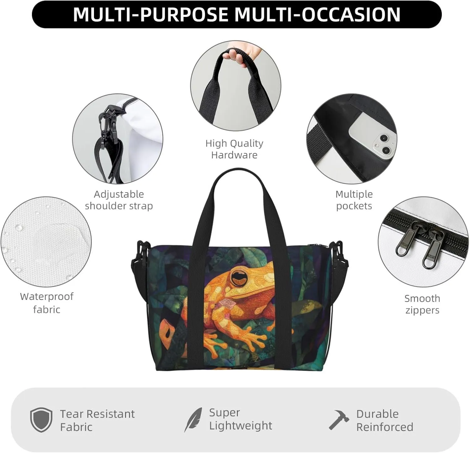 orange toad green leaves print Travel Duffel Bag, Sports Tote Gym Bag, Swim Pool Bag Large Shoulder Tote Bag for Beach Weekender