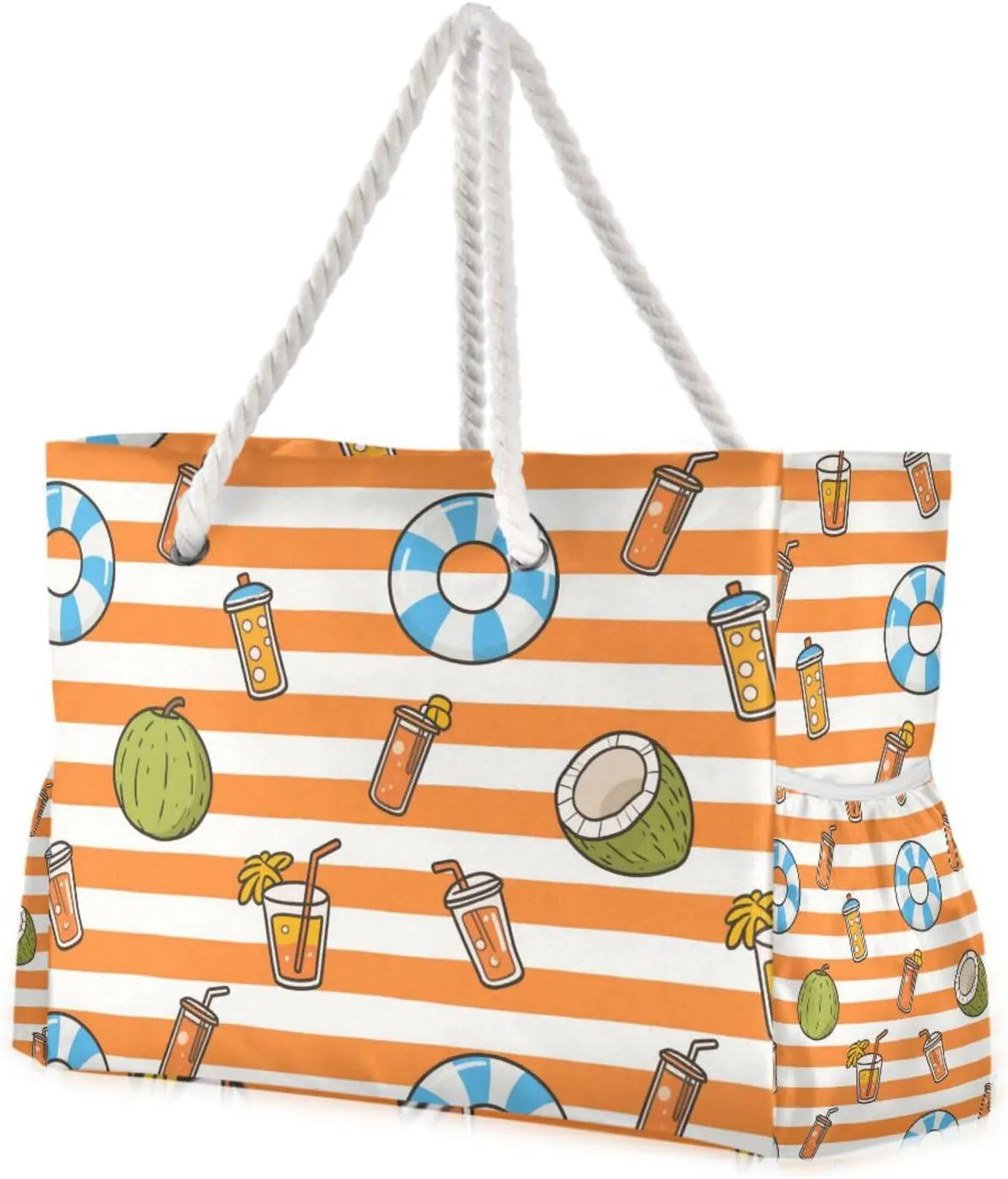 Orange White Stripes Summer Juice Travel Bags For Women Waterproof Sandproof with side pockets Large Tote Bag Beach for Gym Travel Daily
