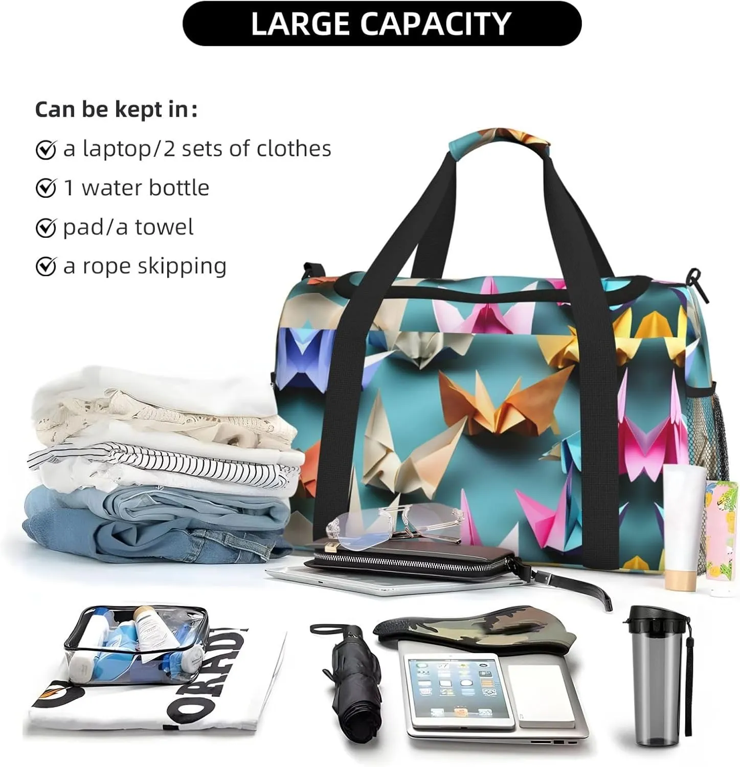 Origami Paper Crane Travel Duffel Bag With Zippers And Handles, Big Foldable Duffle Bag For Family Vacations