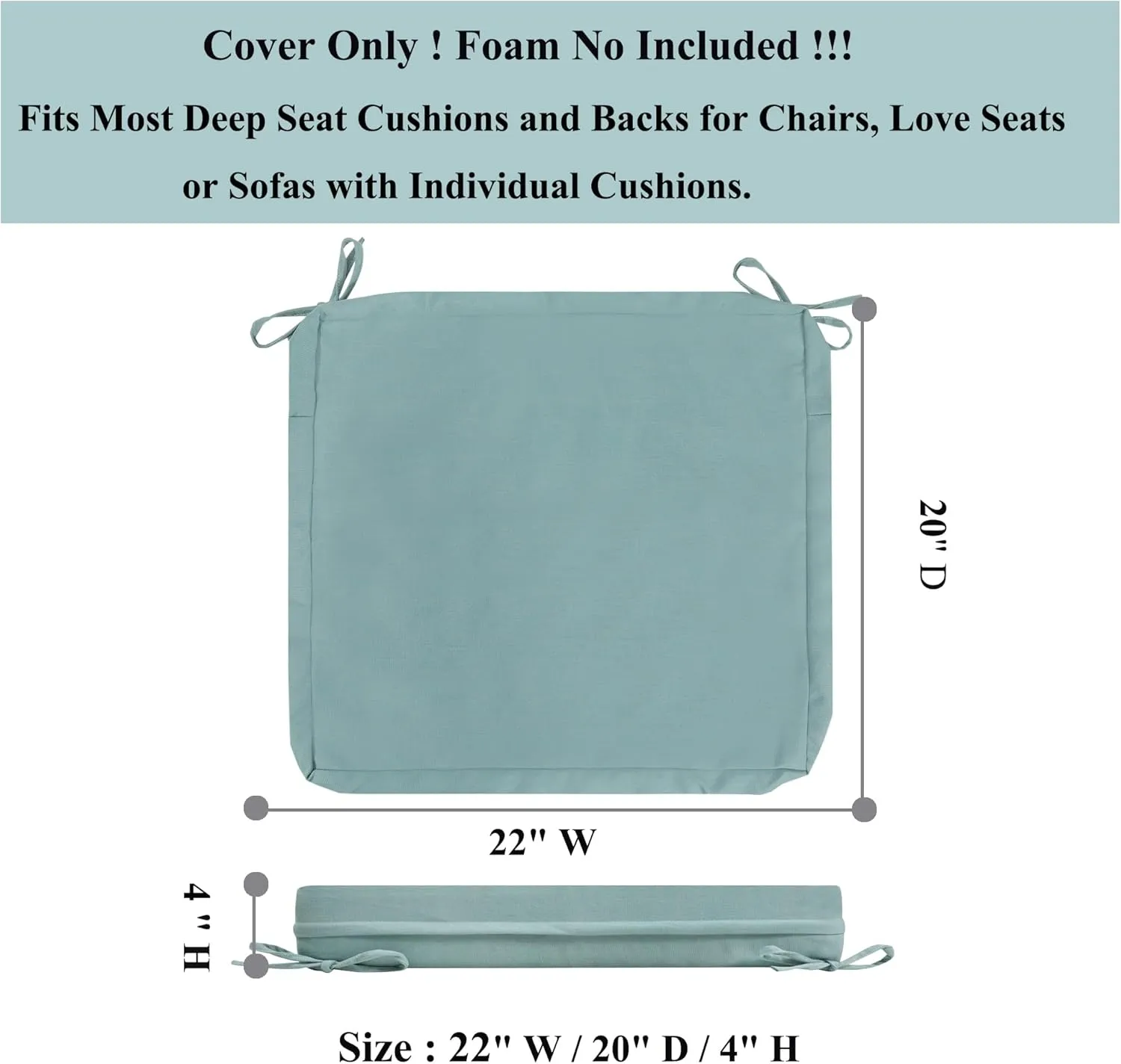 Outdoor Chair Cushion Covers 22x20x4 Inch, No Insert! Water-Resistant Patio Cushion Slipcovers with Zipper, Replacement Cushion Covers for Outdoor Furniture,4 Pack, Aqua Leala(Covers ONLY)