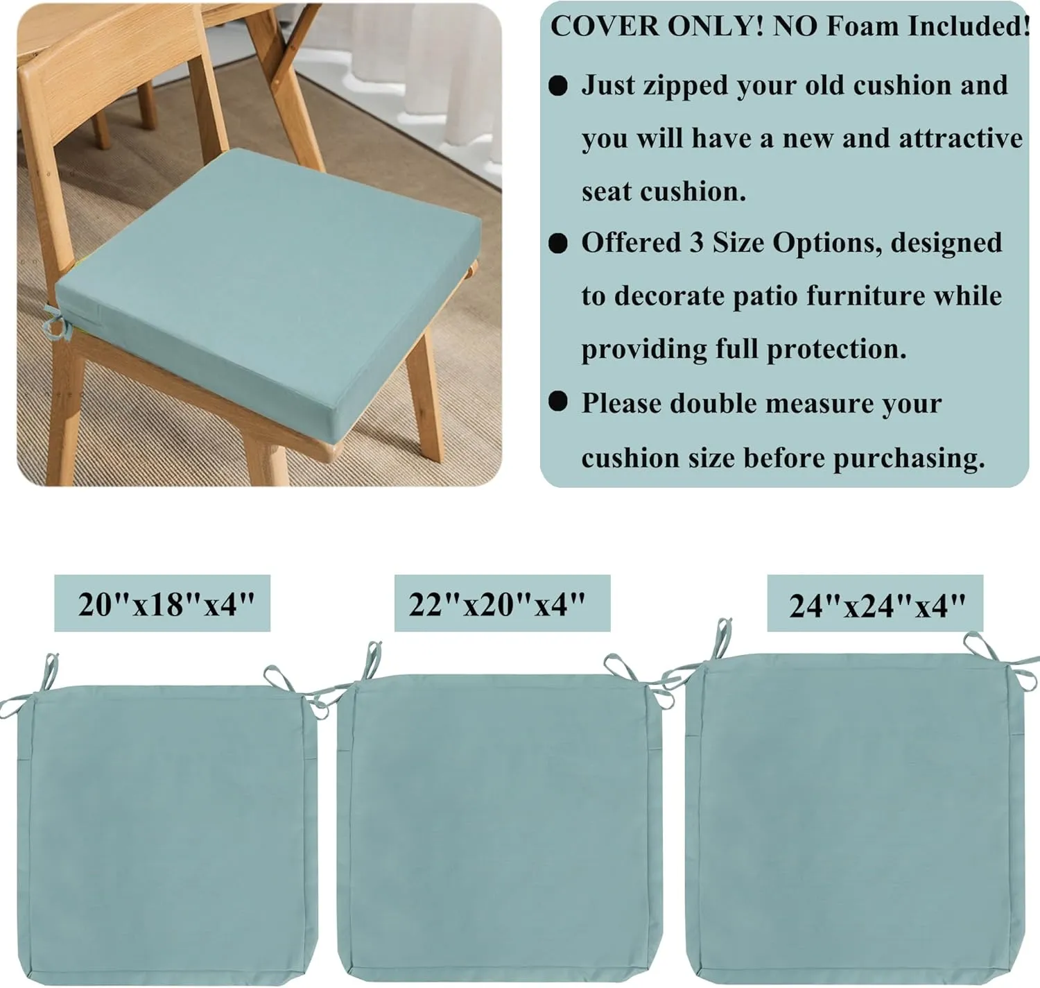 Outdoor Chair Cushion Covers 22x20x4 Inch, No Insert! Water-Resistant Patio Cushion Slipcovers with Zipper, Replacement Cushion Covers for Outdoor Furniture,4 Pack, Aqua Leala(Covers ONLY)