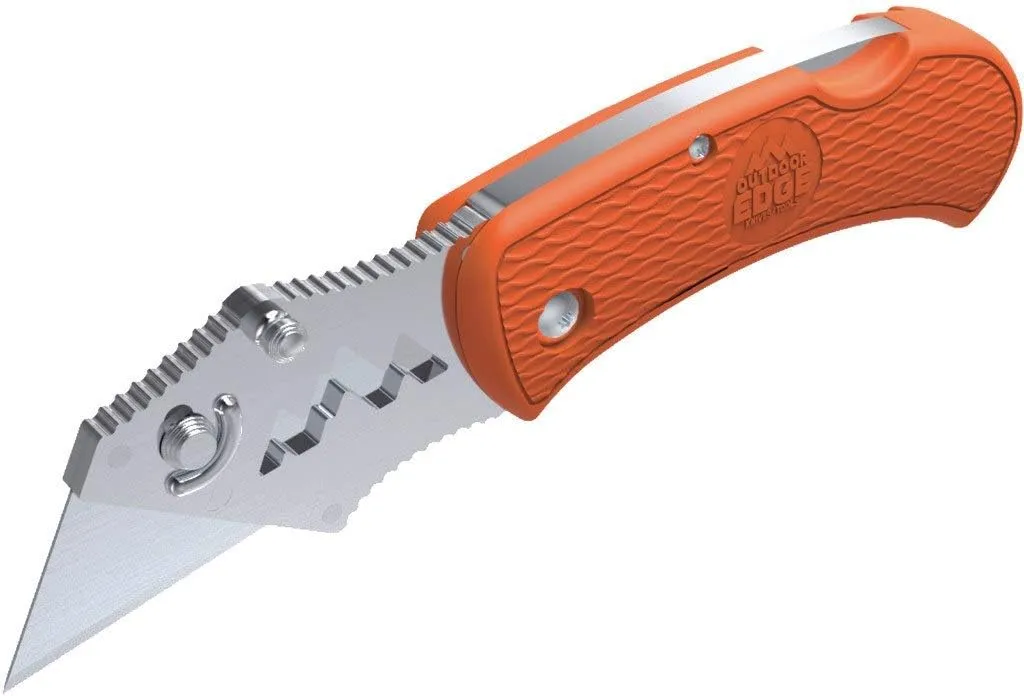 OUTDOOR EDGE BOA - Folding Utility Razor Blade Box Cutter Knife with Ergonomic Polymer Handle and Pocket Clip (Orange, 3-Blades)