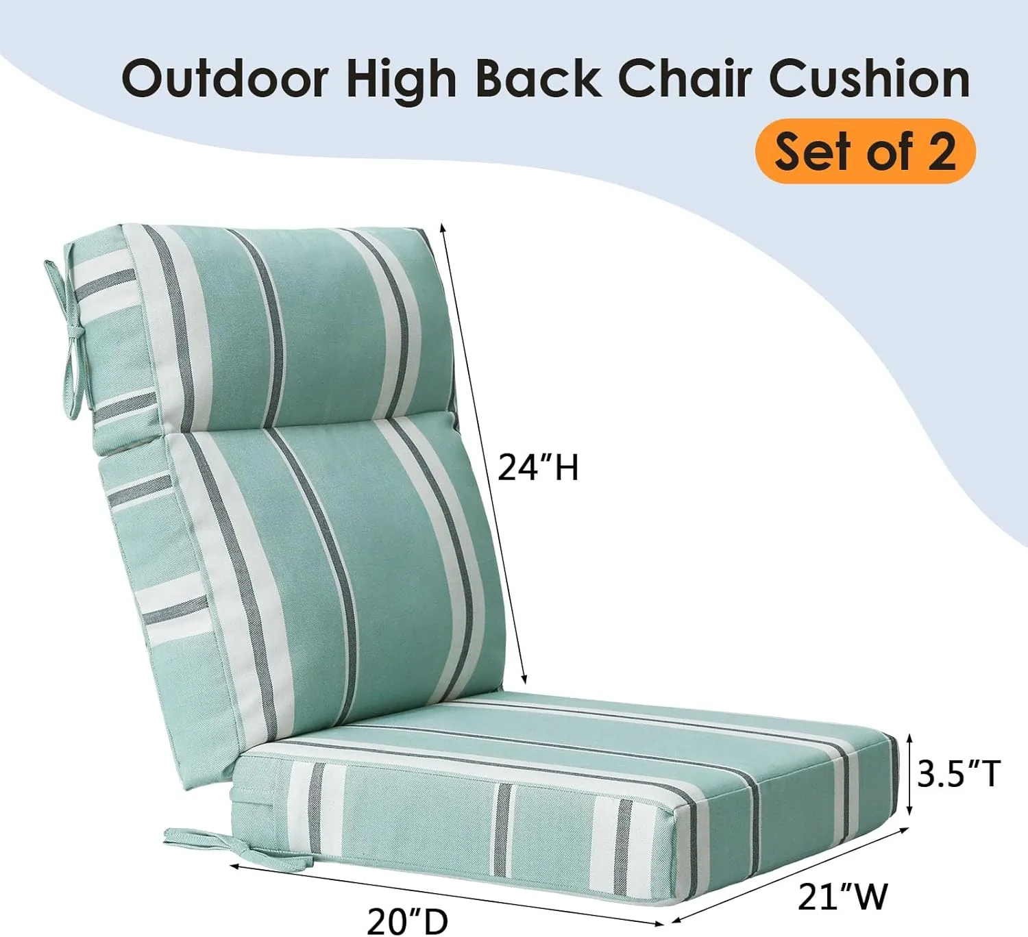 Outdoor High Back Chair Cushion Seat Pads, 2-Pack 44 x 21 Inch Water-Repellent & Fade-Resistant Patio Furniture Cushions with Ties for Adirondack, Rocking Chairs, Aqua Stripe