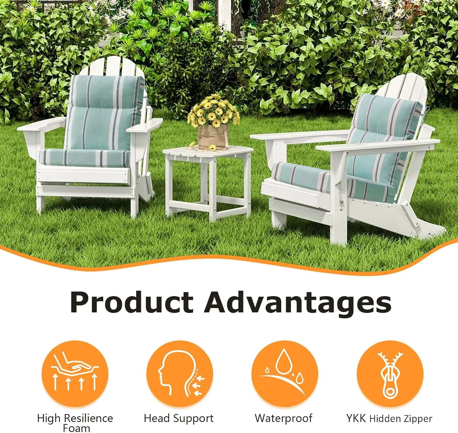 Outdoor High Back Chair Cushion Seat Pads, 2-Pack 44 x 21 Inch Water-Repellent & Fade-Resistant Patio Furniture Cushions with Ties for Adirondack, Rocking Chairs, Aqua Stripe