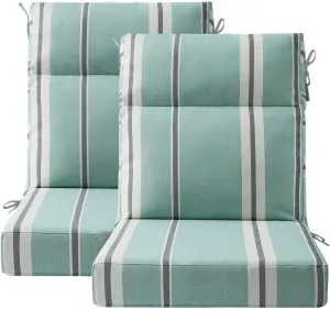 Outdoor High Back Chair Cushion Seat Pads, 2-Pack 44 x 21 Inch Water-Repellent & Fade-Resistant Patio Furniture Cushions with Ties for Adirondack, Rocking Chairs, Aqua Stripe