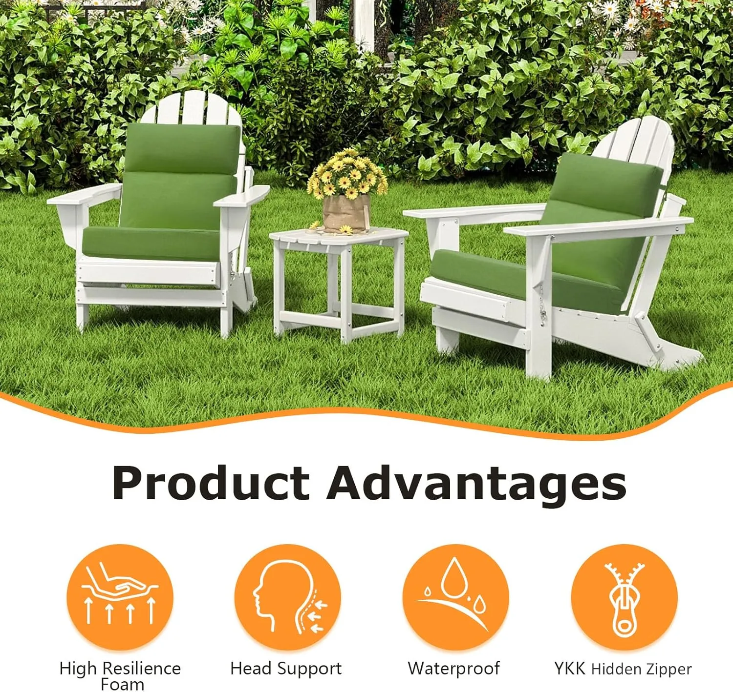 Outdoor High Back Chair Cushion Seat Pads, 2-Pack 44 x 21 Inch Water-Repellent & Fade-Resistant Patio Furniture Cushions with Ties for Adirondack, Rocking Chairs, Lawn Green