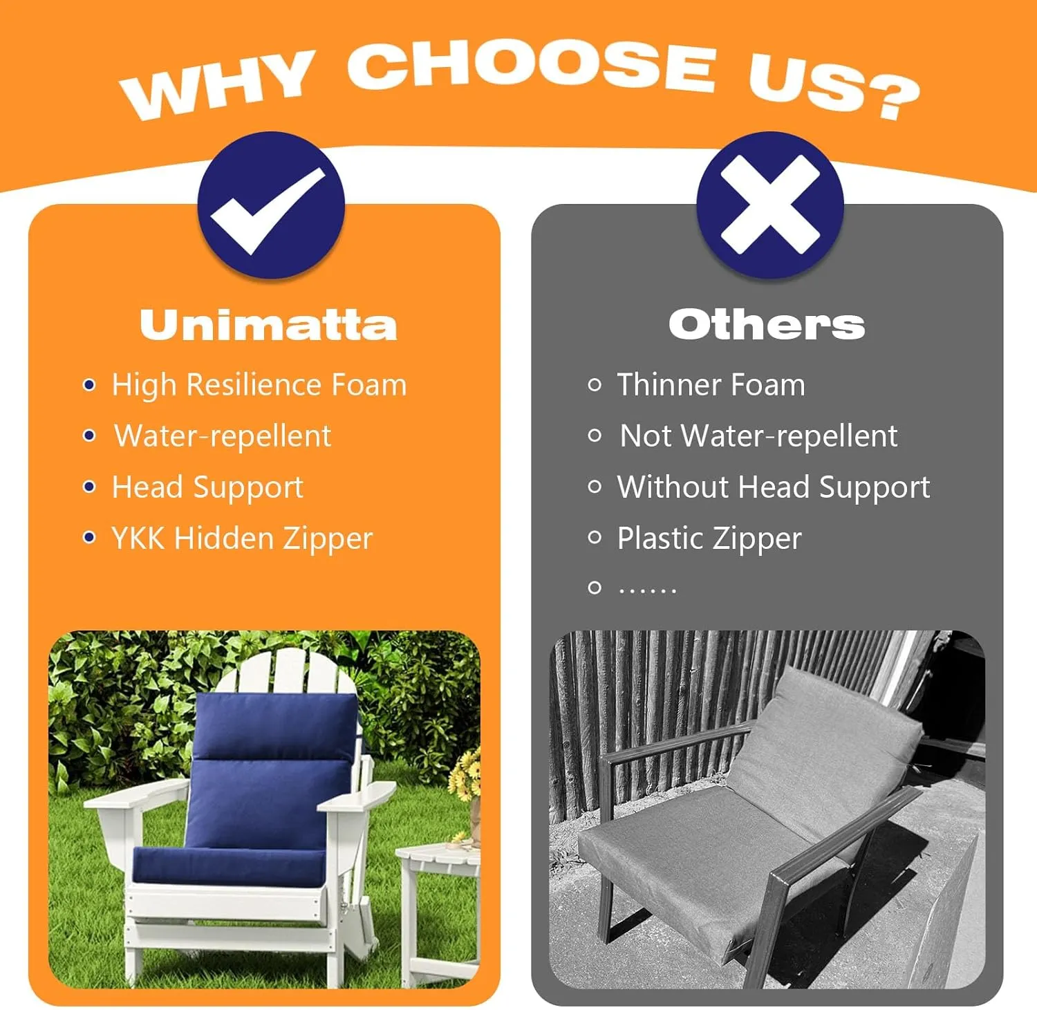 Outdoor High Back Chair Cushion Seat Pads, 2-Pack 44 x 21 Inch Water-Repellent & Fade-Resistant Patio Furniture Cushions with Ties for Adirondack, Rocking Chairs, Navy