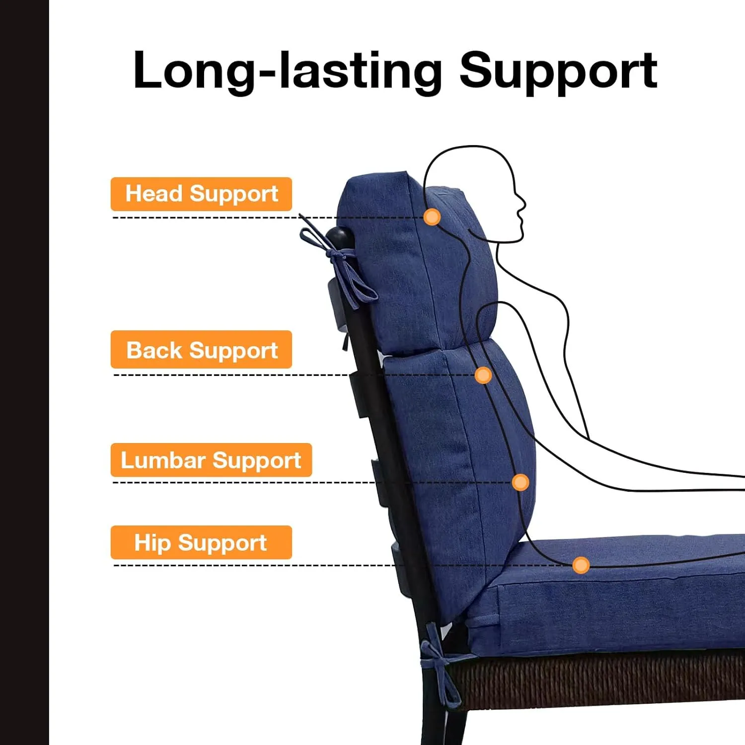 Outdoor High Back Chair Cushion Seat Pads, 2-Pack 44 x 21 Inch Water-Repellent & Fade-Resistant Patio Furniture Cushions with Ties for Adirondack, Rocking Chairs, Navy