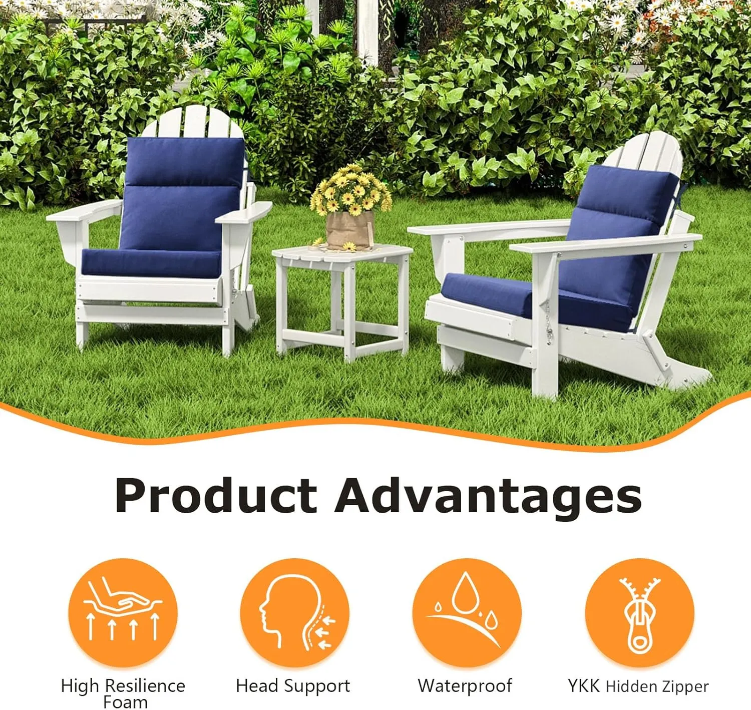Outdoor High Back Chair Cushion Seat Pads, 2-Pack 44 x 21 Inch Water-Repellent & Fade-Resistant Patio Furniture Cushions with Ties for Adirondack, Rocking Chairs, Navy