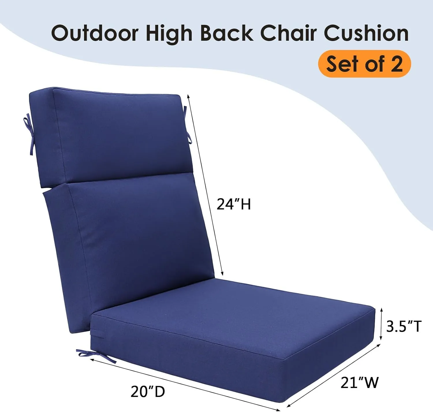 Outdoor High Back Chair Cushion Seat Pads, 2-Pack 44 x 21 Inch Water-Repellent & Fade-Resistant Patio Furniture Cushions with Ties for Adirondack, Rocking Chairs, Navy