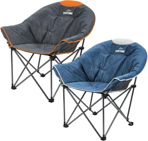 OUTDOOR LIVING SUNTIME Oversized Padded Camping Chair,Portable Comfy Outdoor Folding Moon Round Saucer Chairs for Adults with Holder and Carry Bag, Perfect for Hiking Lawn Patio Sports（Grey and Blue）