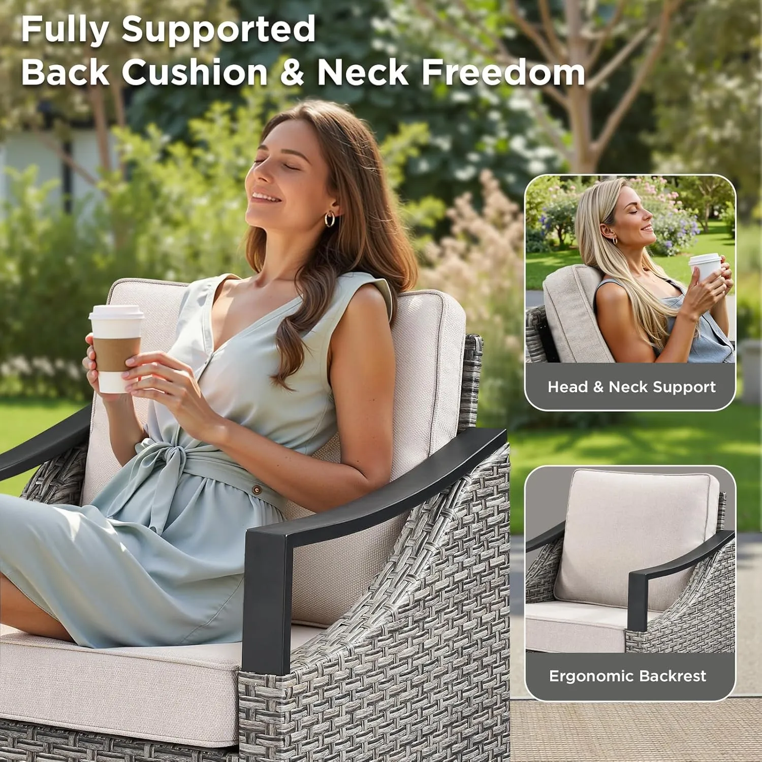 Outdoor Patio Furniture Set - 5 Pieces Outdoor Wicker High Back Sofa with Comfy Cushions Ottomans and Rattan Patio Swivel Glider Chairs, All Weather Conversation Set, Grey/Beige