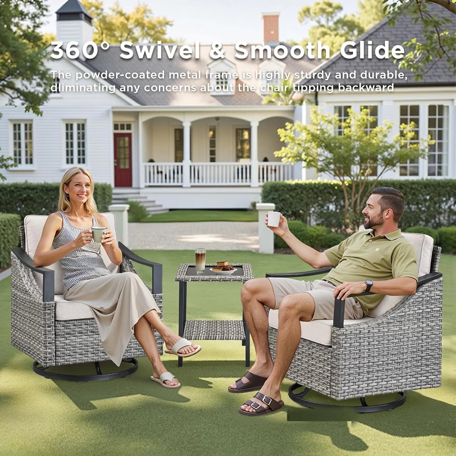 Outdoor Patio Furniture Set - 5 Pieces Outdoor Wicker High Back Sofa with Comfy Cushions Ottomans and Rattan Patio Swivel Glider Chairs, All Weather Conversation Set, Grey/Beige